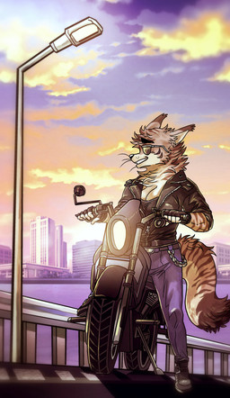 5_fingers alternative_fashion anthro biker biped black_nose boots bottomwear breasts brown_body brown_fur brown_stripes brown_tail building chain city cityscape cleavage clothed clothing cloud countershade_face countershade_tail countershade_torso countershading denim denim_bottomwear denim_clothing dipstick_ears dipstick_tail ear_markings ear_tuft ears_back eyebrows female fence fingerless_gloves fingers fluffy fluffy_tail footwear front_view fully_clothed fur fur_tuft gloves handwear head_tuft humanoid_hands inner_ear_fluff jacket jeans kemono korean leather leather_clothing leather_gloves leather_handwear leather_jacket leather_topwear light looking_aside looking_away markings motorcycle multicolored_body multicolored_ears multicolored_fur multicolored_tail outside pants pivoted_ears plantigrade punk raised_leg shadow shoes sidewalk sky smile snout solo street_lamp striped_body striped_fur striped_markings striped_tail stripes sunlight sunset tail tail_markings thick_eyebrows tomboy topwear tuft two_tone_body two_tone_fur two_tone_tail vehicle water whisker_spots whiskers white_body white_countershading white_fur white_tail ryonggay cc-by-nc-nd creative_commons harley_davidson erlook domestic_cat felid feline felis maine_coon mammal 2018 absurd_res digital_drawing_(artwork) digital_media_(artwork) full-length_portrait hi_res lighting portrait