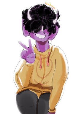 afro anthro black_hair bottomwear clothed clothed_anthro clothed_female clothing facial_horn female fingers front_view gesture grey_bottomwear grey_clothing grey_pants hair hair_over_eyes hand_gesture hoodie horn humanoid_hands looking_at_viewer pants pose purple_body short_hair simple_background smile solo standing text topwear v_sign white_background yellow_clothing yellow_hoodie yellow_topwear lenabunny goodbye_volcano_high ko_op_(game_developer) trish_(gvh) ceratopsian ceratopsid chasmosaurine dinosaur marginocephalian ornithischian prehistoric_species reptile scalie triceratops absurd_res artist_name hi_res portrait three-quarter_portrait