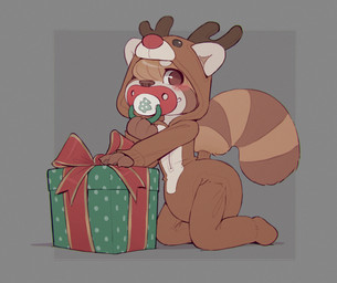 ambiguous_gender anthro blush bow_(feature) bow_ribbon brown_body brown_eyes brown_fur christmas_present clothed clothing diaper diaper_under_clothing fur furgonomics gift gift_bow grey_background holidays hoodie object_in_mouth pacifier pacifier_in_mouth red_ribbon reindeer_costume simple_background solo topwear wearing_diaper white_body white_fur young young_ambiguous young_anthro skidoo christmas max_(skidoo) ailurid mammal red_panda hi_res