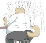 anthro belly big_belly bodily_fluids brown_body brown_fur butt clothed clothing dialogue duo fur holding_object male menu obese obese_male open_mouth overweight overweight_male simple_background sitting solo_focus speech_bubble standing sweat sweatdrop text waiter white_background pukkunnnn canid canine canis domestic_dog felid mammal japanese_text translation_request