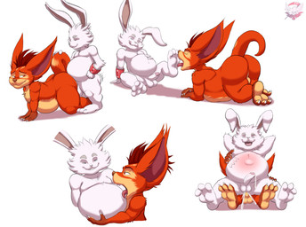 3_toes abdominal_bulge anal anal_penetration anthro balls belly belly_lick big_belly bodily_fluids cum cum_in_ass cum_inside duo feet foot_fetish foot_lick fur genital_fluids genitals hair humanoid_genitalia humanoid_penis licking male male/male mohawk multiple_poses orange_body orange_eyes orange_fur orange_hair penetration penis pose tan_body tan_fur toes tongue white_body white_fur white_hair fennephilim_fox wildstar ceecrue_(shangri-la_frontier) gusho chua lagomorph leporid mammal rabbit hi_res