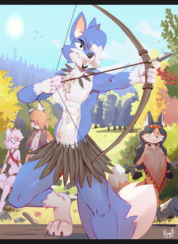 3_toes anthro archery arrow_(weapon) bandeau barefoot black_hair black_nose blue_body blue_fur bone bottomwear bow_(weapon) breasts casual_nudity cheek_tuft claws cleavage clothed clothing collar collarbone exposed_hips eyebrows facial_hair facial_tuft fantasy feathers feet female finger_claws forest fur grass_skirt group hair inner_ear_fluff leaf log male markings muscular muscular_male nature navel nude one_eye_obstructed paws plant plant_clothing plant_skirt plantigrade poncho ranged_weapon short_hair short_tail simple_eyes skirt small_breasts tail thick_eyebrows toe_claws toes topwear tree tribal tuft under_boob weapon white_body white_fur wood hinget northwind_(efradraws) kasni_(efradraws) shongila_(northwind) uspul_(efradraws) yamane_(efradraws) canid canine canis felid feline fox lynx mammal wolf 2025 absurd_res hi_res letterbox