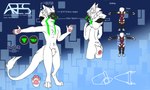 black_clothing black_legwear black_thigh_highs chest_bone clothing green_markings legwear machine male markings pink_paws purple_clothing solo split_dress sternum tail tail_tuft text thick_tail thigh_highs tuft white_body anonymous_artist ares_(nsa) hybrid protogen sergal 5:3 english_text hi_res