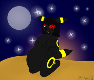 3_toes 5_fingers anthro belly big_belly big_breasts black_body black_hair breasts clenched_teeth covering covering_breasts covering_self ear_markings ears_down feet female fingers hair kneeling looking_at_viewer markings moon nipples pivoted_ears pregnant pregnant_female red_eyes red_sclera short_hair solo star sunset tail tail_markings teeth toes worried yellow_markings artians nintendo pokemon eeveelution generation_2_pokemon pokemon_(species) umbreon absurd_res colored hi_res