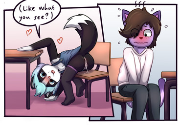 anthro anus black_body black_fur black_tail blep blush bodily_fluids bottomwear butt chair classroom clothed clothing duo female fur furniture genital_fluids genitals hair hand_on_crotch leaning leaning_forward loli looking_at_viewer no_underwear partially_clothed presenting presenting_hindquarters presenting_vulva public raised_tail school sitting tail tongue tongue_out topwear vaginal_fluid_string vaginal_fluids vulva white_body white_fur white_tail young young_anthro polygon5 petal_lafleur canid canine canis domestic_cat felid feline felis hybrid mammal wolf