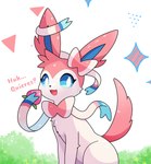 :d ambiguous_gender blue_eyes exclamation_point food fruit grass looking_at_viewer open_mouth outside plant sitting smile solo text tongue sarent_stuff nintendo pokemon eeveelution generation_6_pokemon pokemon_(species) sylveon hi_res spanish_text translated