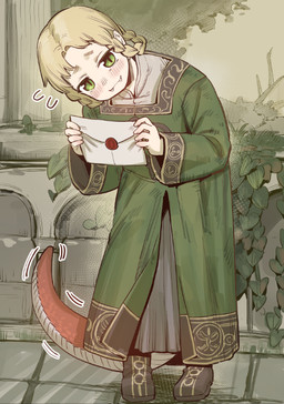 5_fingers arms_bent biped blonde_hair blush braided_hair clothed clothing cute_fangs dress envelope fangs female fingers floor footwear forest green_background green_clothing green_dress green_eyes hair happy holding_envelope holding_mail holding_object hunched_over iconography looking_at_object looking_down motion_lines orange_body orange_scales outside plant plantigrade pupils ruins scales shoes short_hair shrub simple_background slit_pupils smile solo standing tail tail_motion tan_body tan_scales tan_skin tapering_tail teeth thick_tail tile tile_floor tree ventral_scales yuttou_itta elden_ring fromsoftware zorayas_(human_form) animal_humanoid humanoid scalie scalie_humanoid 2022 colored digital_drawing_(artwork) digital_media_(artwork) shaded