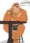 anthro biceps big_muscles blue_eyes blush bodily_fluids burger chest_tuft claws deltoids eating eating_food food fur furniture male muscular muscular_anthro muscular_male muscular_thighs neck_tuft nipples orange_body orange_fur overweight overweight_anthro overweight_male shirtless simple_background sitting sitting_on_stool solo speech_bubble surprised_expression sweat sweatdrop table text toe_claws triceps tuft white_background worried wrapper dust_yang kumamoto_(character) bear mammal ursine absurd_res digital_media_(artwork) hi_res korean_text translated