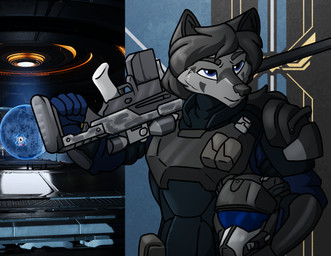 armor black_hair blue_eyes clothed clothing fur fur_markings gloves grey_body grey_fur gun gun_on_shoulder hair handwear headgear helmet helmet_in_hand holding_armor holding_headgear holding_helmet holding_object markings military ranged_weapon rifle sniper sniper_rifle soldier warrior weapon setriaphtfj helldivers kailun_setra canid canine canis mammal wolf absurd_res hi_res