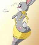 anthro bare_back big_butt blush bodily_fluids breasts butt butt_cleavage clothing eyebrows female gradient_background looking_at_viewer looking_back purple_eyes rear_view side_boob simple_background solo sweat sweatdrop sweater tail text topwear virgin_killer_sweater punkydreamer disney meme_clothing zootopia judy_hopps lagomorph leporid mammal rabbit 2017 english_text meme portrait three-quarter_portrait