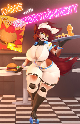 anthro big_breasts blue_eyes bottomwear breasts burger cleavage clothed clothing female food footwear fries fur hat headgear headwear hotpants huge_breasts huge_thighs machine quad_skates red_body red_fur roller_skates shorts smile solo standing thick_thighs waiter wide_hips anonymous_artist lunar_shift:stellar_attractions unknown_artist flaire_(lunar_shift:stellar_attractions) canid canine fox mammal robot robot_anthro absurd_res hi_res
