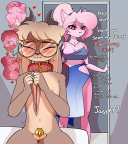 anthro balls blush brown_body brown_fur chastity_cage chastity_device chastity_key clothed clothing collar cuckold dress duo eyewear female fur genitals glasses hair heart_symbol imagination leaking_penis male nipple_slip no_underwear penis pink_body pink_fur pink_hair ponytail red_eyes skimpy skimpy_underwear small_balls small_penis tan_body tan_fur text topwear tube_top privvys-art jasper_(ntr_throwaway) naomi_(ntr_throwaway) bovid canid canine caprine fox mammal absurd_res english_text hi_res