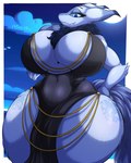 abs anthro big_breasts blue_eyes breasts clothing cloud dress eyebrows eyelashes female fingers fur horn huge_breasts huge_hips huge_thighs moon solo tail thick_thighs wide_hips nightlyflare 2024 hi_res