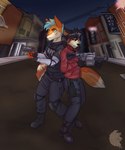 anthro back_to_back city cityscape clothed clothing cosplay duo female frown gun highlights_(coloring) male male/female night police police_uniform pose ranged_weapon uniform weapon conditional_dnp grinn3r capcom resident_evil claire_redfield leon_kennedy qing_li_(aaronmasher) ailurid canid canine fox mammal red_panda 2020 hi_res