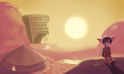 anthro clothed clothing desert female hut outside solo sun young young_anthro delicious_(artist) floretta_reichel canid canine fennec_fox fox mammal true_fox 5:3 absurd_res hi_res
