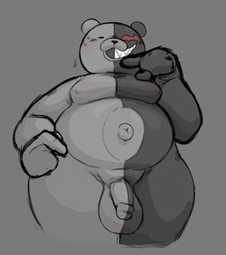 anthro anthrofied balls belly big_balls black_body black_fur blush bodily_fluids fur genetic_chimerism genitals glans grey_background grin half-erect humanoid_genitalia humanoid_penis male moobs navel nervous nipples nude outie_navel overweight overweight_male penis plushie red_eyes round_ears sharp_teeth shortstack simple_background smile solo split_form sweat sweatdrop sweaty_face teeth thick_thighs white_body white_fur locitony danganronpa spike_chunsoft monokuma animate_inanimate bear living_plushie mammal 2023 hi_res portrait three-quarter_portrait