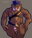 anthro armpit_hair balls belly biceps big_muscles body_hair chest_tuft clothing erection fur genitals green_eyes hat headgear headwear humanoid_genitalia humanoid_penis looking_at_viewer male musclegut muscular muscular_anthro muscular_male officer pecs penis police slightly_chubby solo tuft tusks uniform dredd mammal suid suine sus_(pig) wild_boar hi_res