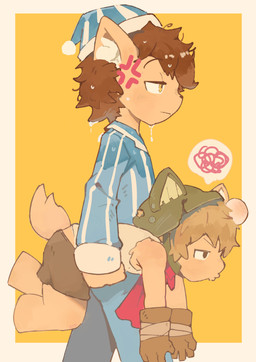 angry anthro armor bottomwear brown_clothing brown_gloves brown_handwear bump carrying_another clothing cross-popping_vein duo furgonomic_helmet gloves handwear hat headgear headwear helmet kemono male nightcap pajamas pouty shirt shorts soaked tank_top topwear young kurois cyberconnect2 fuga:_melodies_of_steel little_tail_bronx hack_montblanc kyle_bavarois canid canine caninu canis domestic_cat domestic_dog felid feline felineko felis mammal absurd_res hi_res