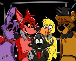 anthro beak bow_(feature) bow_tie clothing cutlery female fork group hat headgear headwear kitchen_utensils machine male tools pandasocks five_nights_at_freddy's scottgames bonnie_(fnaf) chica_(fnaf) foxy_(fnaf) freddy_(fnaf) animatronic avian bear bird canid canine chicken fox galliform lagomorph leporid mammal phasianid rabbit robot