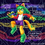 anthro bottomwear clothed clothing crystal_armor drill_curls female green_eyes green_hair hair looking_at_viewer rainbow_colors shirt shorts solo text topwear yellow_body bennascar2 copy_kitty boki_lamira animal_humanoid cat_humanoid felid felid_humanoid feline feline_humanoid humanoid mammal mammal_humanoid digital_media_(artwork) english_text pixel_(artwork)