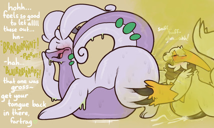 all_fours ambiguous_gender anal animal_genitalia animal_penis antennae_(anatomy) anthro ass_up belly big_butt big_claws blush bodily_fluids breath butt claws cum cumshot deep_skin degradation dominant dominant_ambiguous duo ears_down ejaculation erection eyes_closed fangs fart fart_cloud fart_fetish fart_sniffing farting_in_mouth farting_on_another farting_on_face frown fur genital_fluids genitals hand_on_cheek happy heart_symbol huge_butt humiliation insult larger_ambiguous larger_dom leg_grab looking_pleasured male male/ambiguous mostly_nude nude onomatopoeia open_mouth open_smile oral overweight overweight_ambiguous overweight_anthro overweight_male penis pivoted_ears purple_body relieved rimming scarf scarf_only sex side_view sigh simple_background size_difference smaller_male smelly smile sniffing sound_effects squish submissive submissive_male sweat sweatdrop sweaty_butt tail talking_to_another tan_background teeth text thick_thighs thigh_grab thigh_squish throbbing throbbing_penis tongue tongue_out white_body white_fur yellow_fart_cloud austrum nintendo pokemon fan_character gewahren_(austrum) generation_3_pokemon generation_6_pokemon goodra pokemon_(species) zangoose 2025 5:3 digital_drawing_(artwork) digital_media_(artwork) english_text hi_res story story_in_description