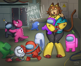 ambiguous_gender anthro clothed clothing detailed_background female group humor inside knife machine speech_bubble text wide_hips yelling serimj among_us gameoverse glitch_productions innersloth crewmate_(among_us) gobbles_(gameoverse) impostor_(among_us) kaboodle_(gameoverse) kit_bodega dinosaur domestic_cat felid feline felis humanoid mammal prehistoric_species reptile robot scalie 2026 crossover english_text hi_res signature