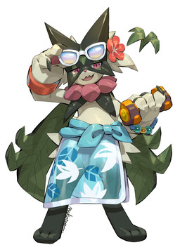 3_fingers 3_toes accessory ambiguous_gender anthro barefoot blue_sarong bottomwear bracelet claws clothing digitigrade dumbbell eyewear eyewear_on_head feet finger_claws fingers flower flower_(anatomy) flower_accessory flower_in_hair flower_on_head flower_trick fur green_body green_fur hair hair_accessory holowear_(pokemon) jagged_mouth jewelry mask open_mouth pawpads paws pink_eyes pink_nose pink_pawpads plant pokemon_move red_flower sarong simple_background solo standing sunglasses sunglasses_on_head toes translucent translucent_bottomwear translucent_clothing wearing_sunglasses weights white_background white_eyewear white_sclera white_sunglasses makotoo nintendo pokemon pokemon_unite beach_style_meowscarada generation_9_pokemon meowscarada pokemon_(species)