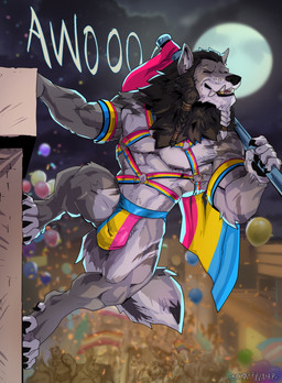 4_toes 5_fingers anthro awoo balloon black_mane black_nose bulge claws clothed clothed_anthro clothed_make clothing eyes_closed fangs feet finger_claws fingers full_moon fur grey_body grey_fur harness hindpaw howl humanoid_hands inflatable jockstrap leather leather_harness lgbt_pride male mane moon muscular muscular_anthro muscular_male night outside paws pride_colors rainbow_flag rainbow_harness rainbow_jockstrap rainbow_pride_flag rainbow_symbol solo tail teeth toe_claws toes underwear scrappyvamp mythology mjodvitnir canid canine mammal mythological_canine mythological_creature werecanid werecanine werecreature werewolf hi_res
