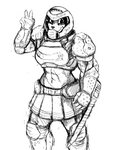 anthro armor bottomwear breasts canid canine clothed clothing doom_eternal female gesture hand_gesture headgear helmet hi_res hladilnik mammal monochrome samantha_thott scar skirt smile solo v_sign weapon