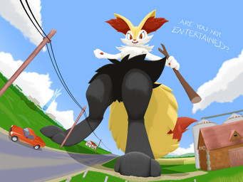 3_fingers 3_toes ambiguous_anthro ambiguous_gender anthro arm_tuft big_tail biped black_body black_fur cheek_tuft chest_tuft detailed_background digitigrade dipstick_tail eyelashes facial_tuft featureless_crotch feet fingers fluffy fluffy_tail fur grass hip_tuft holding_object holding_stick inner_ear_fluff looking_at_viewer looking_down looking_down_at_viewer low-angle_view macro markings multicolored_body multicolored_fur nude_ambiguous nude_anthro open_mouth orange_body orange_eyes orange_fur orange_inner_ear_fluff orange_nose orange_tail_tip outside plant pointy_ears prick_ears question question_mark shoulder_tuft solo standing stick tail tail_markings teeth text toes tuft two_tone_tail white_body white_fur yellow_body yellow_fur yellow_tail hlavco nintendo pokemon braixen canid generation_6_pokemon mammal pokemon_(species) 2025 4:3 colored digital_media_(artwork) digital_painting_(artwork) english_description english_text full-length_portrait painting_(artwork) portrait shaded