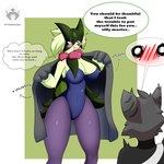 anthro big_breasts blush breasts clothing female interspecies legwear male male/female pokephilia pose suit surprise text thick_thighs tights tsundere kyubimaru nintendo pokemon generation_9_pokemon meowscarada pokemon_(species) 1:1 absurd_res english_text hi_res pinup