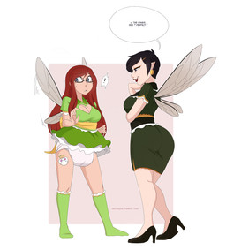 black_hair clean_diaper clothed clothing dialogue diaper dress duo eye_contact eyewear female footwear glasses green_clothing hair high_heels insect_wings looking_at_another pointy_ears red_hair shoes simple_background surprised tattoo text wearing_diaper wings merunyaa fairy human mammal english_text hi_res