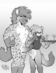 2019 absurd_res anthro anthro_on_anthro balls barnaby_kane beverage big_penis blush bottomless butler clothed clothed/nude clothed_male clothing comparing comparing_penis countershading digital_media_(artwork) domestic_ferret duo erection fingers fur genitals gloves_(marking) grey_background greyscale grin hair hand_on_hip hi_res holding_object humanoid_genitalia humanoid_penis hyena karhyena leg_markings male male/male mammal markings monochrome mostly_nude muscular muscular_male mustelid musteline nipples nude penis penis_size_difference rick_griffin signature simple_background size_difference smile socks_(marking) spots spotted_body spotted_fur spotted_hyena standing tray true_musteline waiter weasel