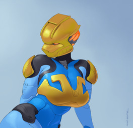 armor breastplate breasts cleavage clothed clothing commentary english_commentary female gas_mask grey_background looking_at_viewer machine mask medium_breasts orange_eyes shoulder_armor simple_background sitting solo text neoruke bionicle golden_week lego gali humanoid robot robot_humanoid absurd_res artist_name hi_res