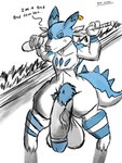 anthro baseball_bat bat_(object) big_penis blue_body blue_clothing blue_fur blue_legwear blue_markings blue_thigh_highs clothed clothing crossdressing dipstick_ears ear_markings ear_piercing erection femboy fur genitals grass huge_penis hyper hyper_genitalia hyper_penis legwear low_hanging_balls male markings multicolored_ears muscular muscular_anthro muscular_male pattern_clothing pattern_legwear pattern_thigh_highs penis piercing plant pubes shadow simple_background solo spiked_tail spikes spikes_(anatomy) standing striped_clothing striped_legwear striped_thigh_highs stripes tail thigh_highs tuft vein veiny_penis white_body white_fur silentwilly palworld pocketpair chillet mammal mustelid pal_(species) 2024 3:4 digital_media_(artwork) hi_res