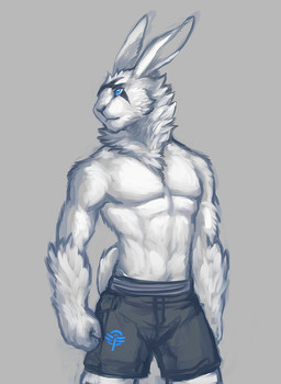 anthro black_body black_fur blue_eyes clothed clothing fur grey_background male muscular muscular_anthro muscular_male pecs simple_background solo standing topless white_body white_fur byowt hare lagomorph leporid mammal 2018 digital_media_(artwork) hi_res