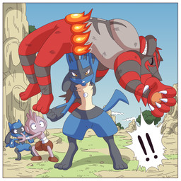 ambiguous_gender angry anthro blue_body blue_fur border carrying_another fur muscular muscular_anthro parody red_body red_fur size_difference smaller_carrying_larger teeth white_border ragster_(artist) dragon_ball dragon_ball_z nintendo pokemon generation_4_pokemon generation_7_pokemon incineroar lucario mammal pokemon_(species) riolu 1:1 comic digital_media_(artwork) hi_res