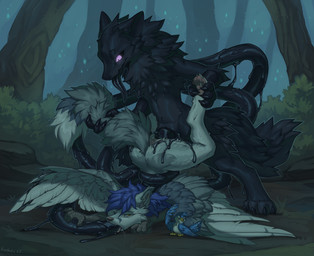 anthro anthro_on_anthro anthro_penetrated anthro_penetrating anthro_penetrating_anthro anus biped black_body blue_hair butt claws duo feet female female_penetrated feral fingers fur genitals grey_body grey_fur grey_wings hair male male/female male_penetrating male_penetrating_female outside penetration penile penile_penetration penis penis_in_vagina scuted_arms scutes sex tentacles toes vaginal vaginal_penetration vulva wings hioshiru gabriel_serealia north_(gabriel_serealia) avian bird enfield 2025 digital_drawing_(artwork) digital_media_(artwork) hi_res