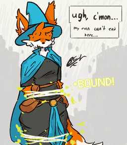 anthro arms_tied belt black_bodysuit black_clothing black_nose black_skinsuit blue_cape blue_clothing blue_hat blue_headwear bodily_fluids bodysuit bound cape clothed clothing exclamation_point eyes_closed fur hat headgear headwear magic_user male multicolored_body multicolored_fur orange_body orange_ears orange_fur skinsuit solo standing sweat tail text text_box tight_clothing two_tone_body two_tone_fur two_tone_hat two_tone_tail utility_belt white_body white_fur white_tail wizard_hat bluebriararts megabonk fox_(megabonk) canid canine fox mammal 2025 digital_media_(artwork) english_text signature