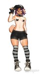 anthro black_clothing black_gloves black_handwear black_nose bottomwear clothed clothing collar crossdressing femboy fingerless_gloves footwear fur gloves hair handwear hat headgear headwear legwear male multicolored_body multicolored_fur navel nipple_tape pasties pattern_clothing pattern_footwear pattern_legwear pattern_socks pattern_underwear shoes shorts simple_background socks solo spandex spandex_shorts spiked_collar spikes standing striped_clothing striped_footwear striped_socks striped_underwear stripes tape tight_bottomwear tight_clothing tight_shorts two_tone_body two_tone_fur underwear white_background zerpreros makoto_(zerpreros) canid canine canis domestic_dog mammal shiba_inu spitz 2024 hi_res