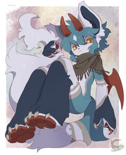 2_horns ambiguous_gender anthro blue_body blue_fur blue_hair claws finger_claws fur hair horn oni_horn pawpads red_horn red_pawpads red_wings shawl_only solo tail toe_claws white_claws wings yellow_eyes mochiri mammal absurd_res hi_res tagme