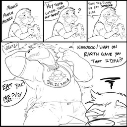 anthro bib bodily_fluids bottomwear clothed clothed_male clothing dialogue duo eating eating_food fish_meat food fur hair interrobang male male/male meat munch_(sound_effect) muscular open_mouth pants rumbling_stomach sandwich_(food) shirt speech_bubble sweat teeth text topwear vore whiskers pandottermon equid equine horse mammal mustelid otter 1:1 2025 black_and_white comic english_text hi_res monochrome