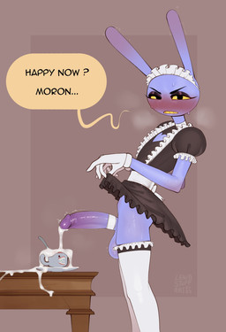 accessory angry annoyed anthro balls big_penis blush bodily_fluids bottomwear breath clothed clothing clothing_lift container crossdressing crossdressing_male cum cum_drip cum_in_a_cup cum_in_container cup dress dress_lift dripping emanata erection excessive_cum excessive_genital_fluids femboy footwear frilly frilly_clothing frilly_dress from_side furniture garter genital_fluids genitals gloves handwear humanoid_genitalia humanoid_penis humiliation insult insulting_viewer leaking_cum legwear looking_at_viewer maid_headdress maid_uniform male motion_lines penis penis_accessory penis_clothing penis_garter side_view skirt skirt_lift socks solo speech_bubble table text thick_thighs thigh_highs tremble_lines uniform white_clothing white_gloves white_handwear white_legwear white_thigh_highs yellow_sclera lewdstuffart glitch_productions the_amazing_digital_circus jax_(tadc) lagomorph leporid mammal rabbit 2025 absurd_res artist_name english_text hi_res