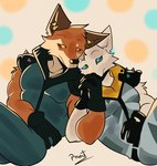 anthro clothed clothing duo fur gloves hand_holding handwear looking_at_another male multicolored_body multicolored_fur sitting spikes pinumontbalou epic_games fortnite fennix_(fortnite) volpez_(fortnite) arctic_fox canid canine canis fox mammal red_fox true_fox hi_res brother_(lore) brothers_(lore) sibling_(lore)