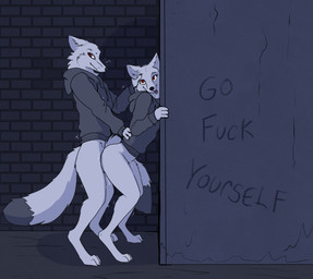 ambiguous_penetration anthro black_tail_tip bottomless bottomless_anthro bottomless_female bottomless_male clothed clothing dipstick_tail duo female fucked_silly fur graffiti head_grab hoodie hoodie_only leaning_on_wall looking_at_viewer male male/female markings penetration selfcest square_crossover tail tail_markings topwear topwear_only white_body white_fur garbagegarage canid canine fox mammal hi_res