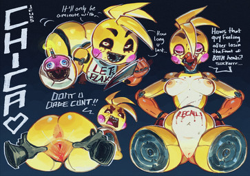 angry anthro anus areola beak beakless bib big_butt blood blue_background bodily_fluids breasts butt dialogue disembodied_hand eyeshadow feathers female front_view genitals hand_on_hip head_feathers head_tuft holding_bib legless looking_at_viewer looking_back machine makeup nipples open_mouth orange_areola orange_nipples pink_eyeshadow profanity rear_view red_eyes rosy_cheeks simple_background small_breasts smug solo spread_vulva spreading talking_to_viewer text tuft vulva yellow_body yellow_feathers cjfurs five_nights_at_freddy's five_nights_at_freddy's_2 scottgames toy_chica_(fnaf) animatronic avian bird chicken galliform phasianid robot english_text hi_res