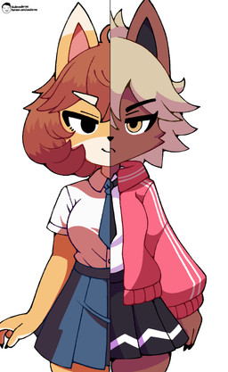 anthro bangs black_eyes bottomwear calm cheek_tuft clean_lines clothing collared_shirt comparison duo facial_tuft female front_view hair jacket long_sleeves necktie neutral_expression pattern_clothing pattern_jacket pattern_topwear pleated_skirt pointy_ears school_uniform serious shirt short_hair simple_background skirt split_face split_image striped_clothing striped_jacket striped_topwear stripes stylized symmetry thick_outline topwear tuft uniform upper_body white_clothing white_shirt white_topwear yellow_eyes voider_(artist) bully_fox bully_fox_(robbie) canid canine fox mammal absurd_res digital_media_(artwork) flat_colors hi_res portrait shaded simple_shading