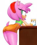 accessory anthro bracelet butt clothing eyelashes female gloves green_eyes hair hair_accessory hairband handwear holding_object jewelry leaning leaning_forward looking_at_viewer pink_hair shirt solo standing tankard topwear punkinillus sega sonic_the_hedgehog_(series) amy_rose eulipotyphlan hedgehog mammal 2018