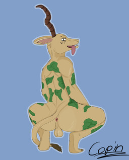 anthro anus backsack balls butt crouching fur genitals horn looking_at_viewer looking_back male presenting presenting_anus solo spots tan_body tan_fur tattoo tongue tongue_out copinlighter beastars broly_culo melon_(beastars) antelope bovid felid gazelle hybrid leopard mammal pantherine hi_res meme