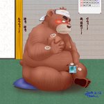 anthro belly blush brown_body brown_fur censor_bar fur genitals humanoid_hands ineffective_censorship kemono male masturbation moobs negative_censor negative_colors nipples overweight overweight_anthro overweight_male penis sitting solo text toshi_(artist) bear mammal 1:1 2018 censored hi_res japanese_text mosaic_censorship